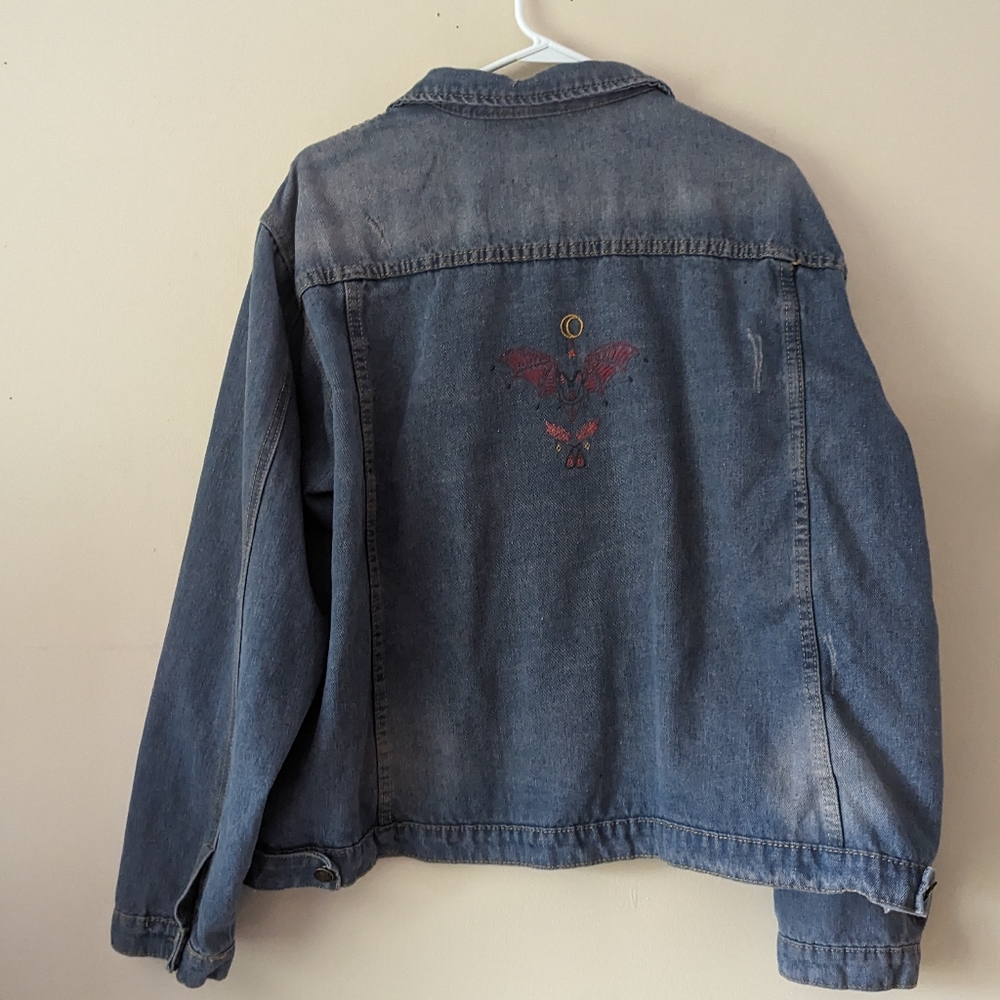 Hand Embroidered womensplus size jean jacket size 3xl halloween bat moon moth